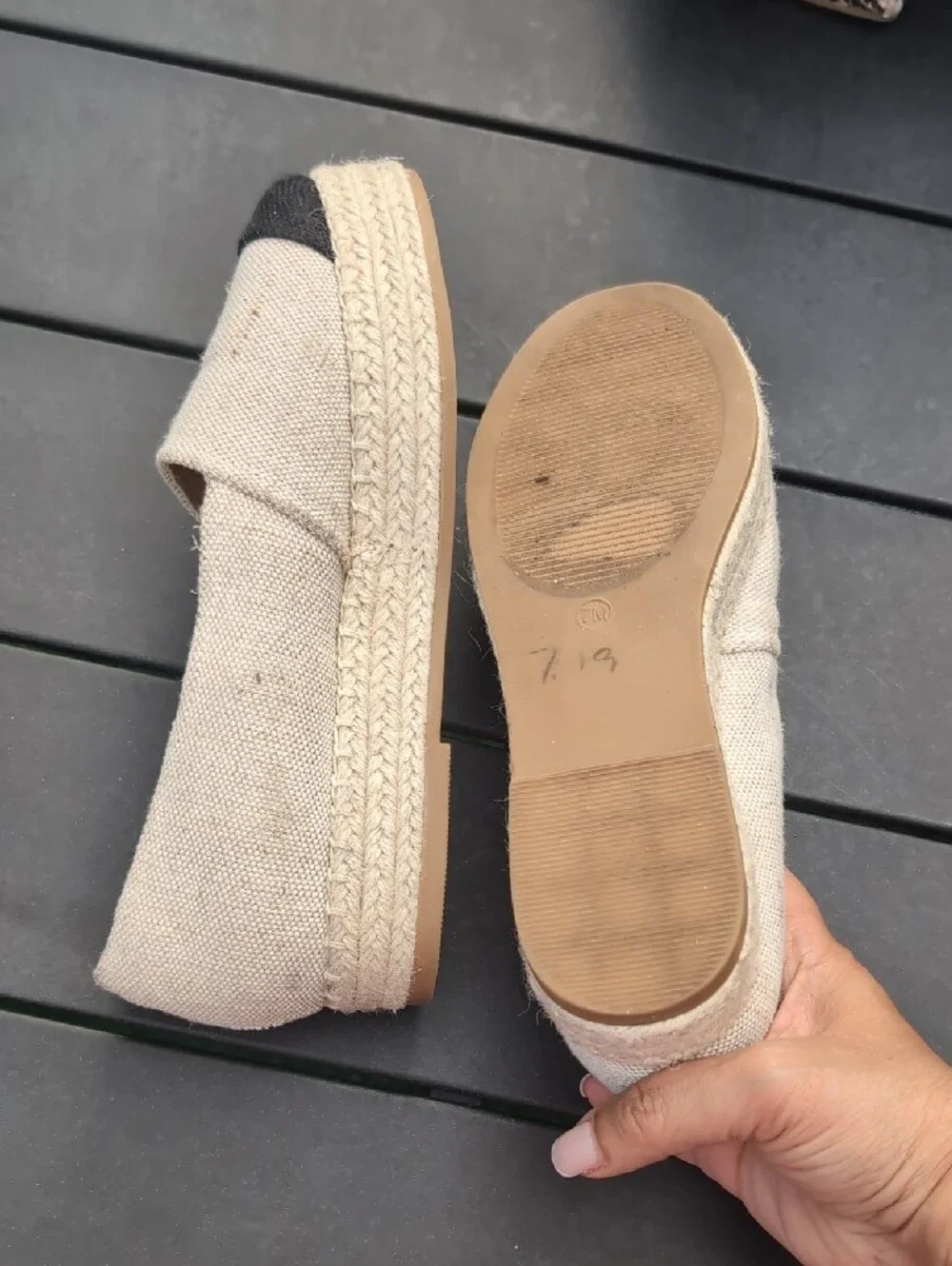 BAMBOO Natural Canvas Espadrilles with Black Toe Size 7M